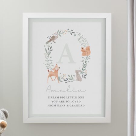 Personalised woodland initial framed prints white