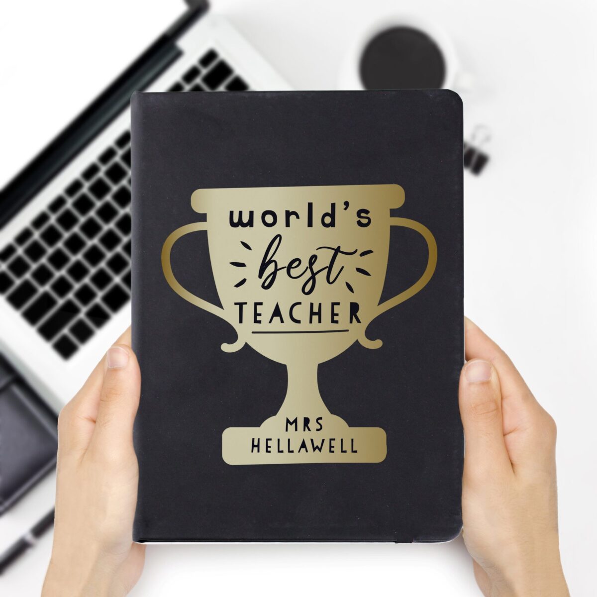 Personalised Worlds Best Teacher Trophy Black Hardback Notebook: 3 - Notebooks By Gift Moments