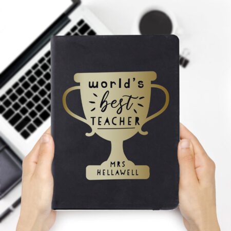 Personalised Worlds Best Teacher Trophy Black Hardback Notebook: 3 - Notebooks By Gift Moments