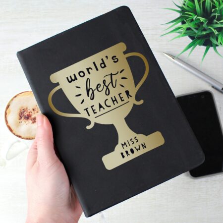 Personalised Worlds Best Teacher Trophy Black Hardback Notebook: 2 - Notebooks By Gift Moments
