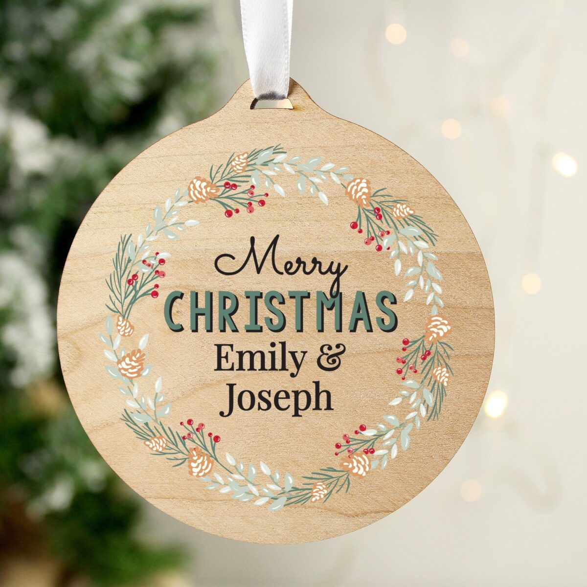 Personalised Wreath Round Wooden Decoration: 1 - Decorations By Gift Moments