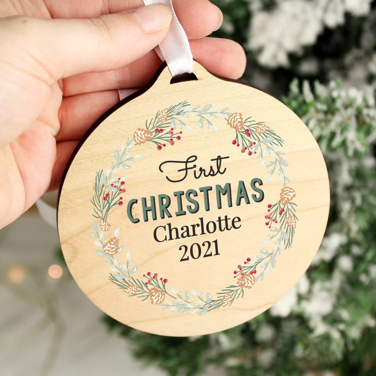 Personalised Wreath Round Wooden Decoration: 2 - Decorations By Gift Moments