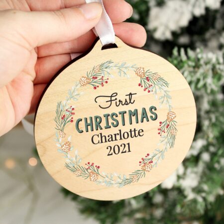Personalised Wreath Round Wooden Decoration: 2 - Decorations By Gift Moments