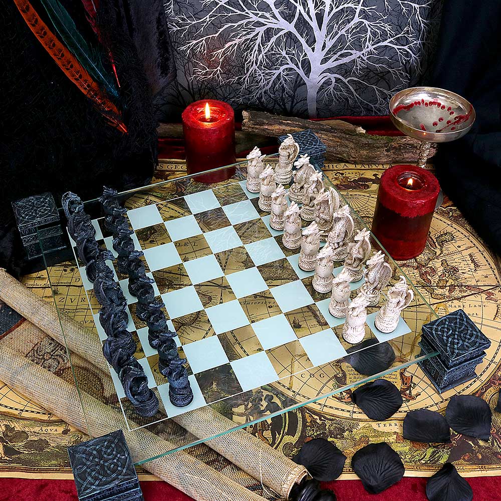 Raised Fantasy Dragon Chess Set With Corner Towers 43cm: 1 - Chess Sets By Gift Moments