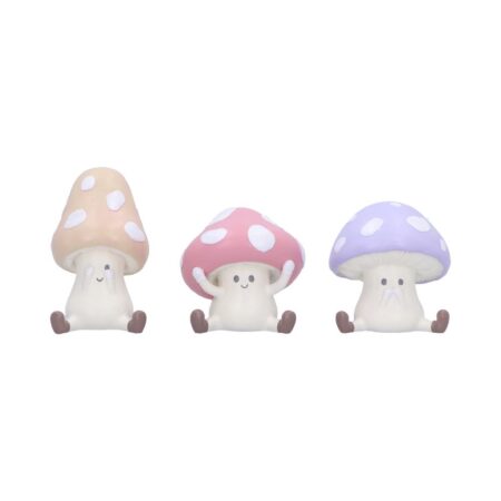 Three wise toadstool figurines see hear speak evil