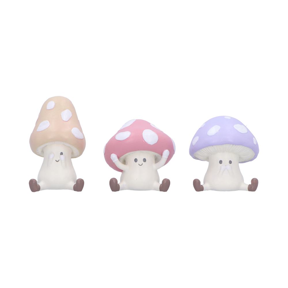 Three wise toadstool figurines see hear speak evil