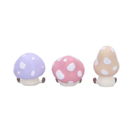 Three wise toadstool figurines see hear speak evil