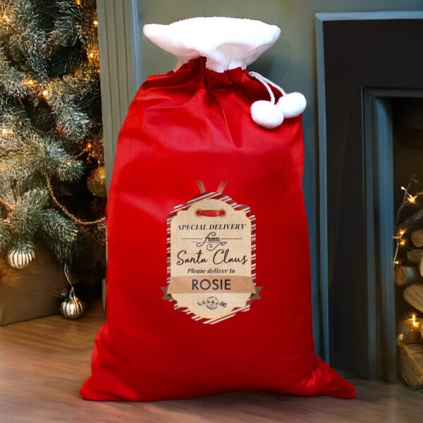 Personalised Special Delivery Luxury Pom Pom Red Sack: 1 - Christmas Sacks By Gift Moments
