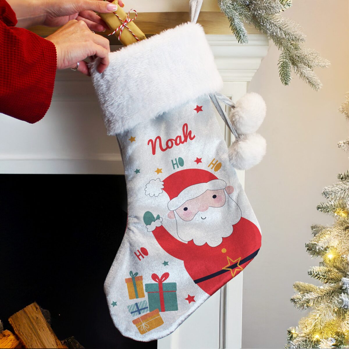 Personalised silver stocking with santa design