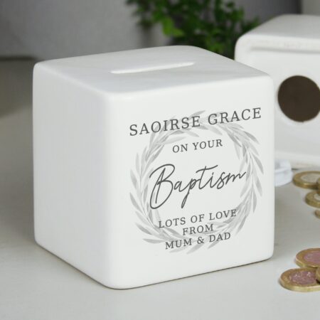 Personalised Wreath Ceramic Square Money Box