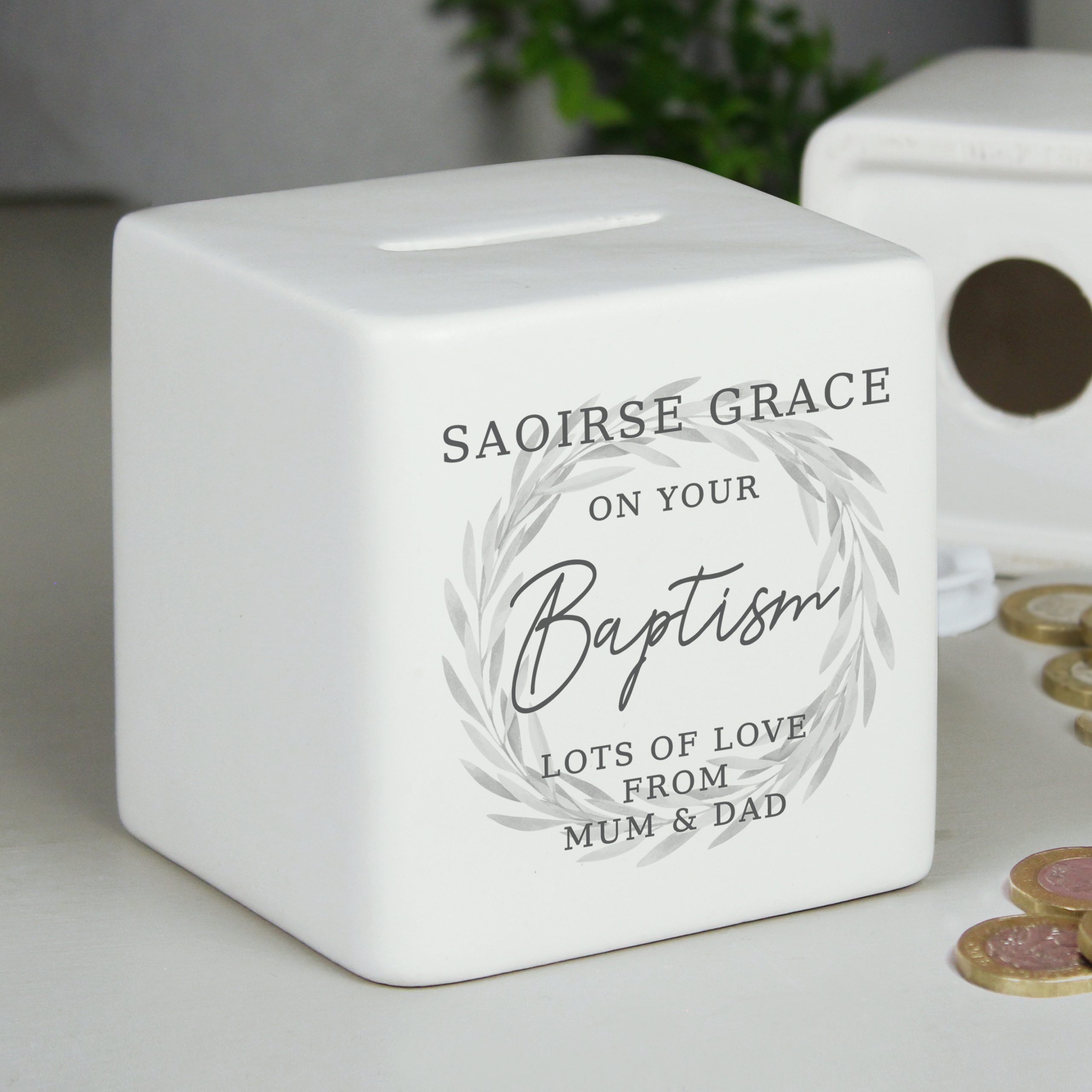 Personalised Wreath Ceramic Square Money Box