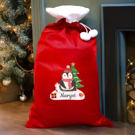 Personalised Christmas Penguin Luxury Pom Pom Red Sack: 2 - Christmas Sacks By Gift Moments