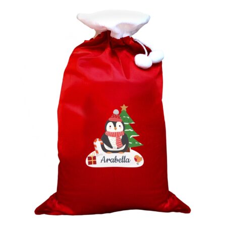 Personalised Christmas Penguin Luxury Pom Pom Red Sack: 4 - Christmas Sacks By Gift Moments