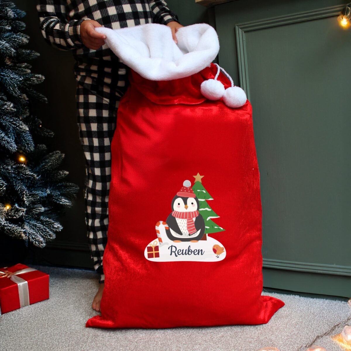 Personalised Christmas Penguin Luxury Pom Pom Red Sack: 3 - Christmas Sacks By Gift Moments