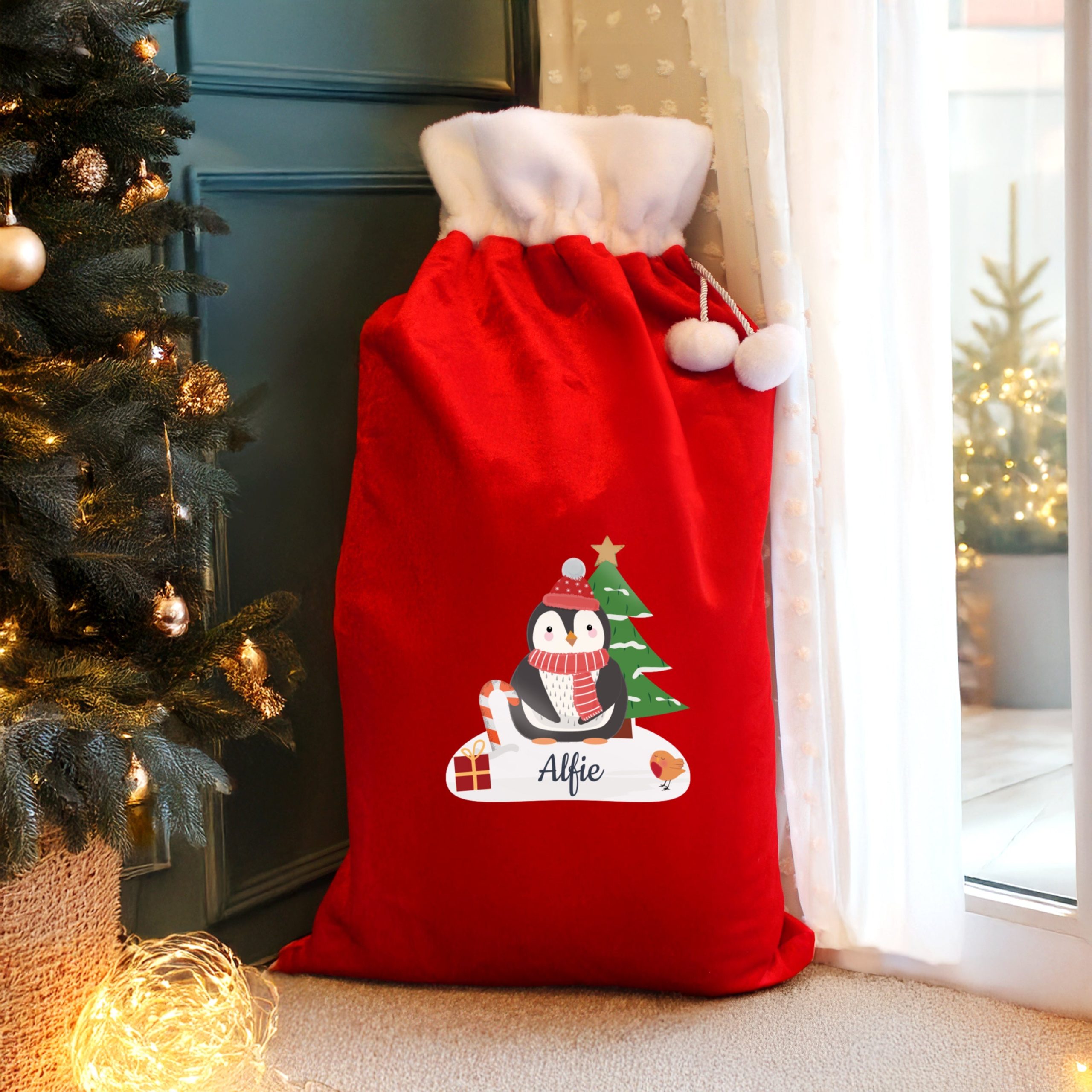Personalised Christmas Penguin Luxury Pom Pom Red Sack: 1 - Christmas Sacks By Gift Moments