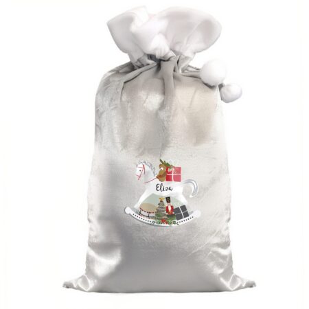 Personalised Rocking Horse Luxury Silver Grey Pom Pom Sack: 4 - Christmas Sacks By Gift Moments