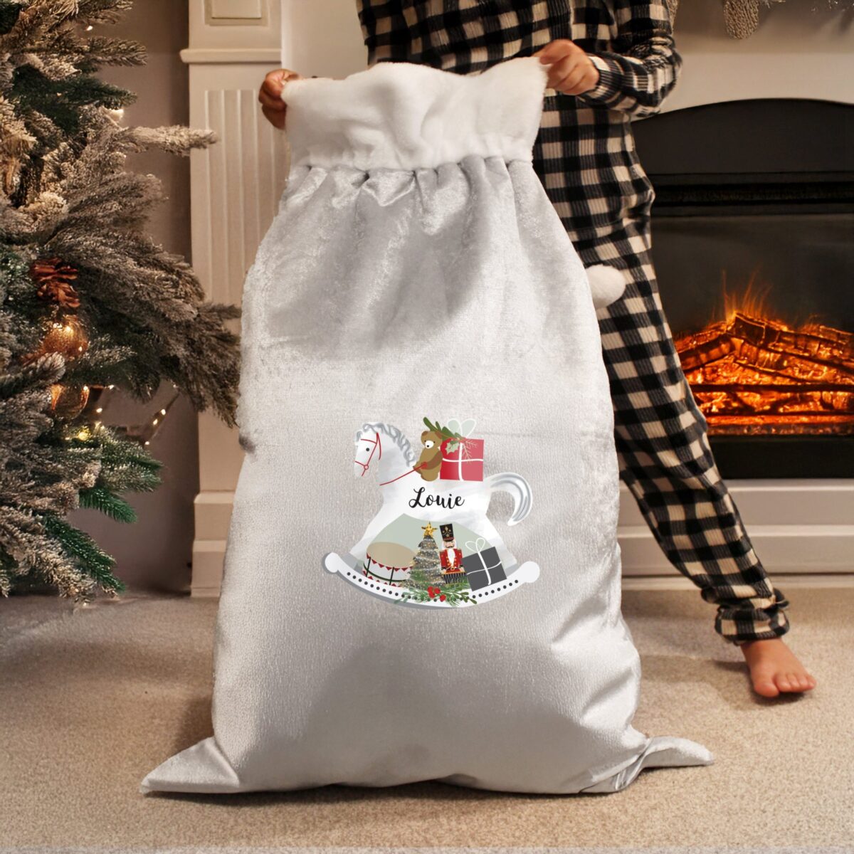 Personalised Rocking Horse Luxury Silver Grey Pom Pom Sack: 3 - Christmas Sacks By Gift Moments