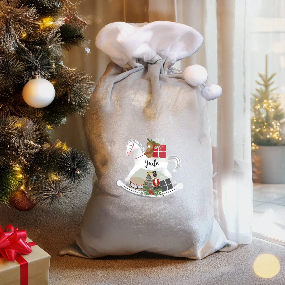 Personalised Rocking Horse Luxury Silver Grey Pom Pom Sack: 2 - Christmas Sacks By Gift Moments