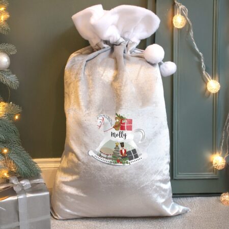 Personalised Rocking Horse Luxury Silver Grey Pom Pom Sack: 1 - Christmas Sacks By Gift Moments