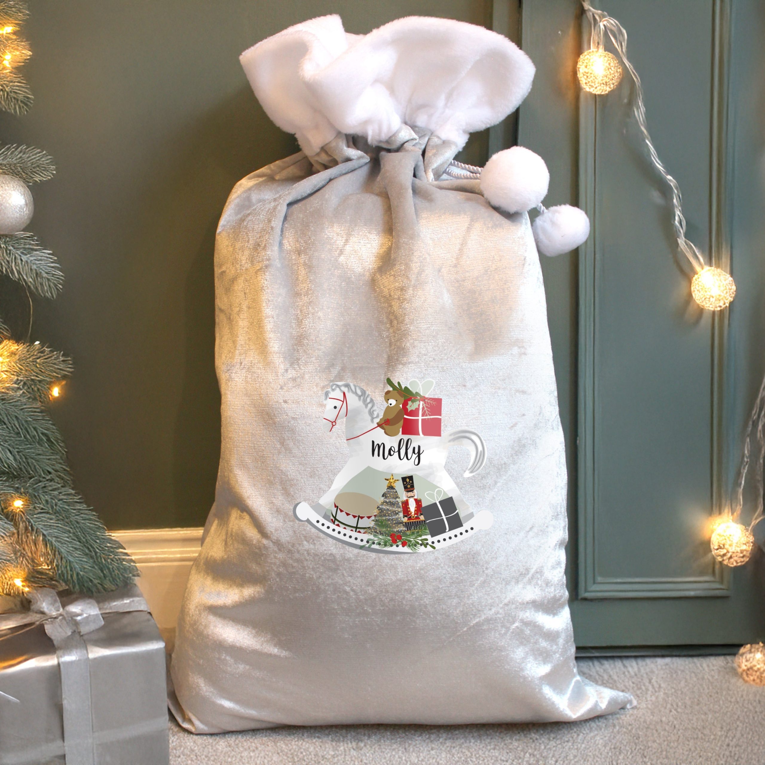 Personalised Rocking Horse Luxury Silver Grey Pom Pom Sack: 1 - Christmas Sacks By Gift Moments
