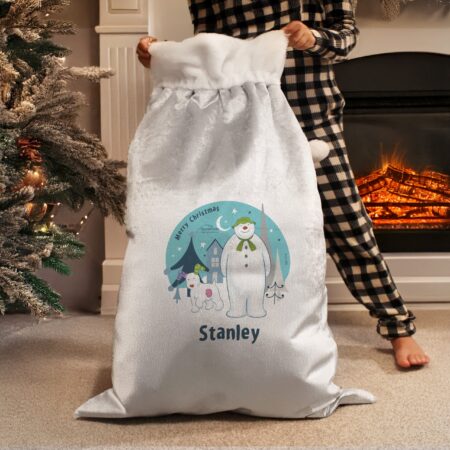 Personalised The Snowman and the Snowdog Luxury Silver Grey Pom Pom Sack: 3 - Christmas Sacks By The Snowman