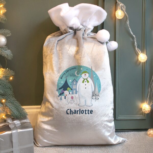 Personalised The Snowman and the Snowdog Luxury Silver Grey Pom Pom Sack: 1 - Christmas Sacks By The Snowman