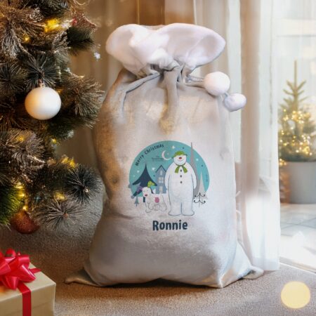 Personalised The Snowman and the Snowdog Luxury Silver Grey Pom Pom Sack: 2 - Christmas Sacks By The Snowman