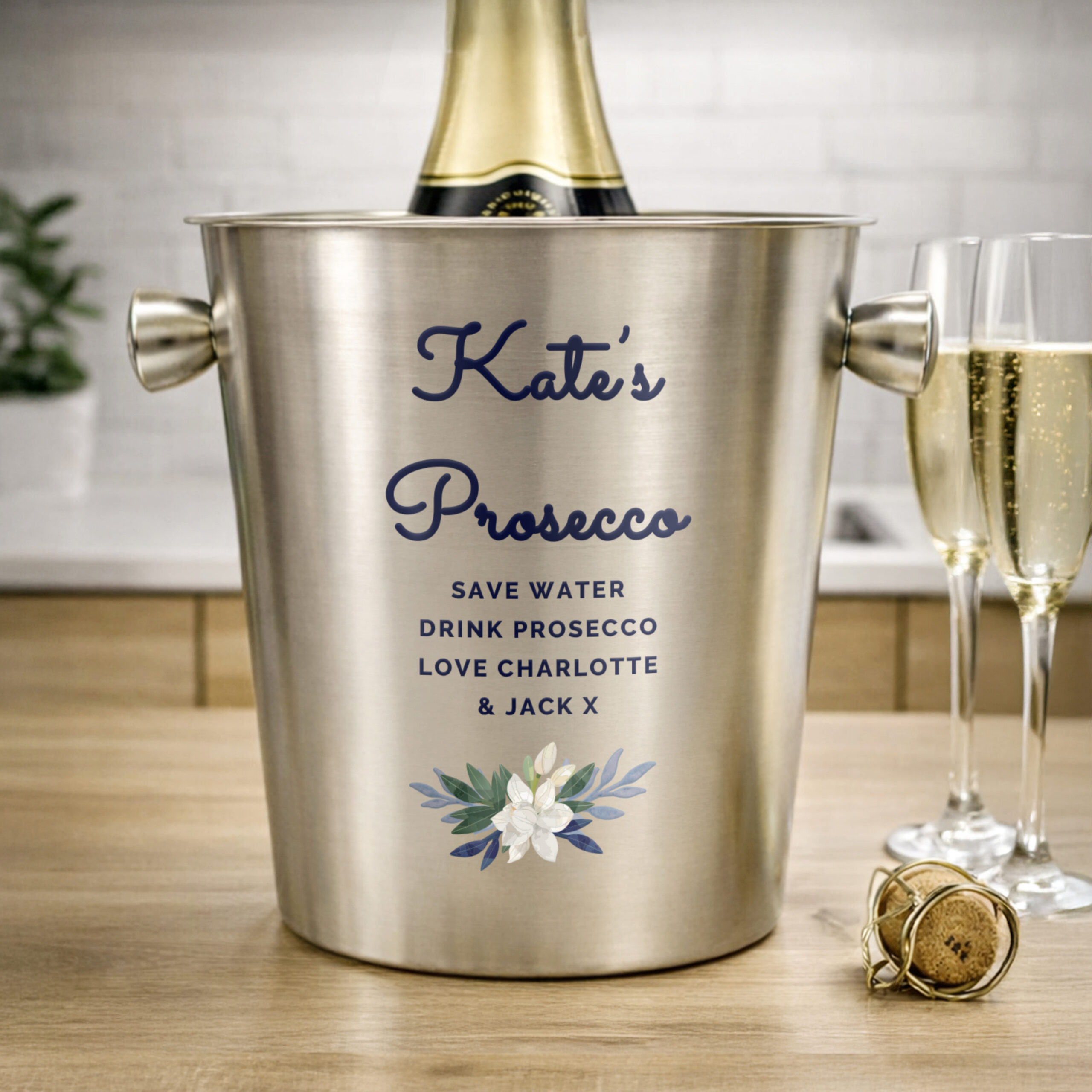 Personalised Blue Floral Stainless Steel Ice Bucket