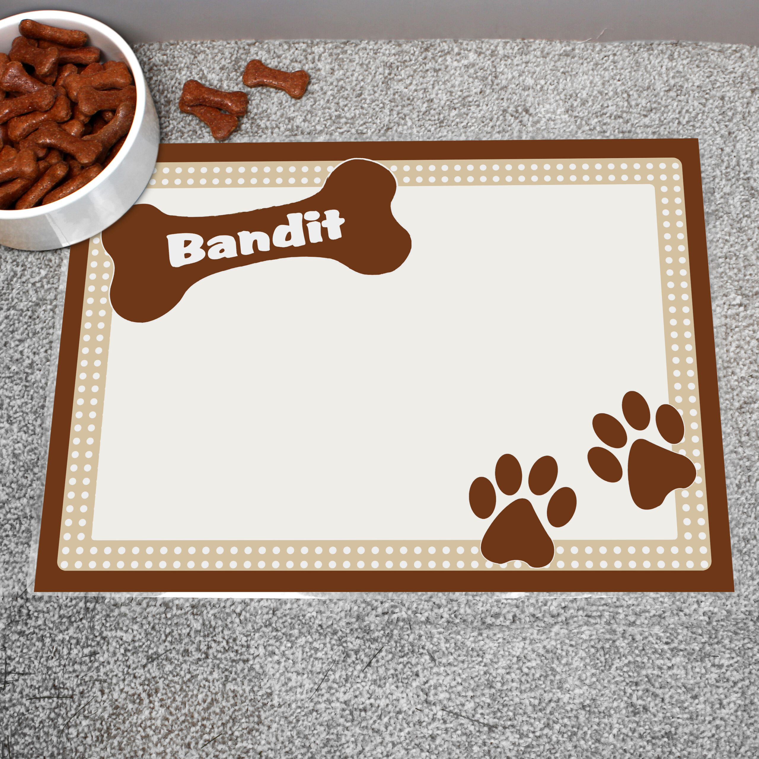 P0512Q41 Personalised Brown Dotty Dog Pet Bowl Mat - Image 1