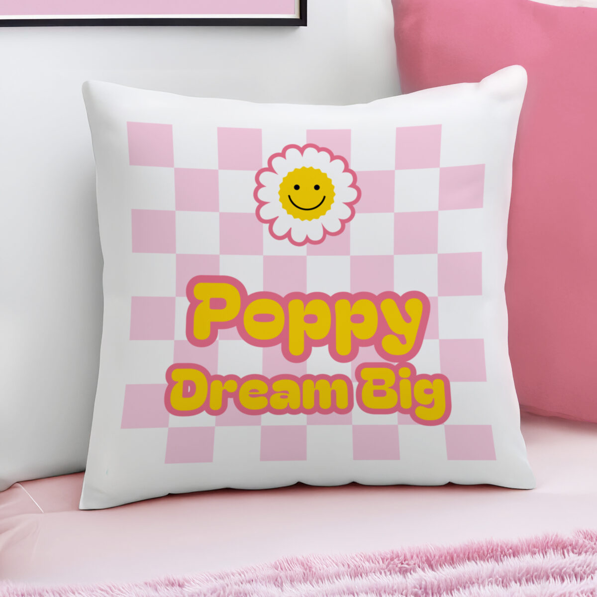 Personalised Pink Check Childrens Bedroom Cushion