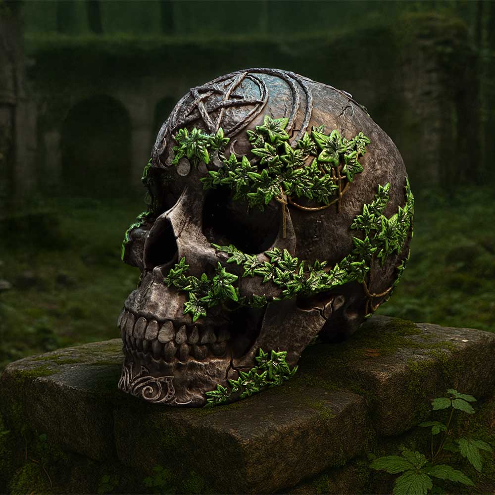 Aged Pentagram Skull Figurine