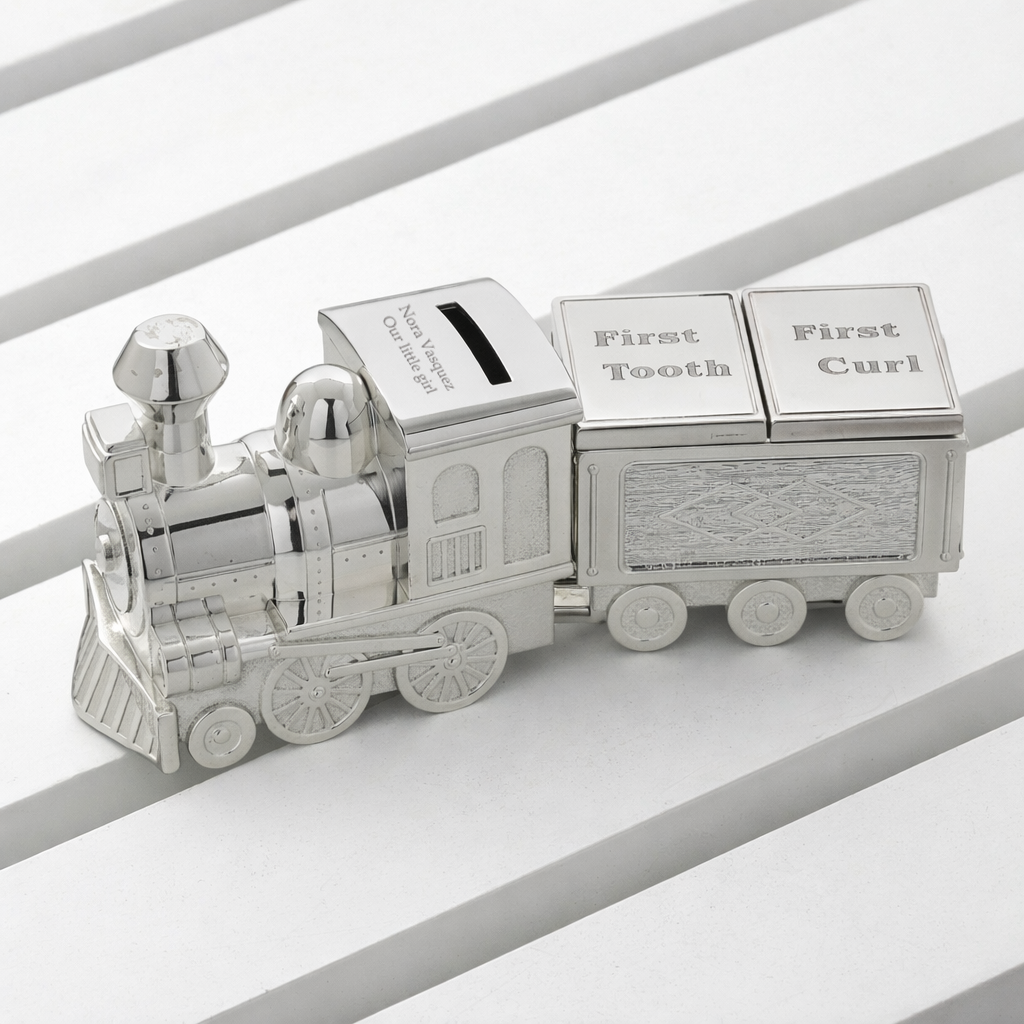 Personalised Train Money Box with First Tooth & Curl Carriage