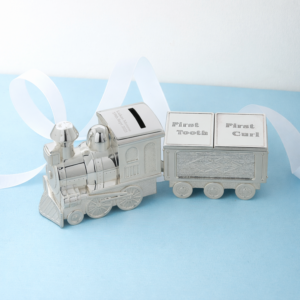 Personalised Train Money Box with First Tooth & Curl Carriage