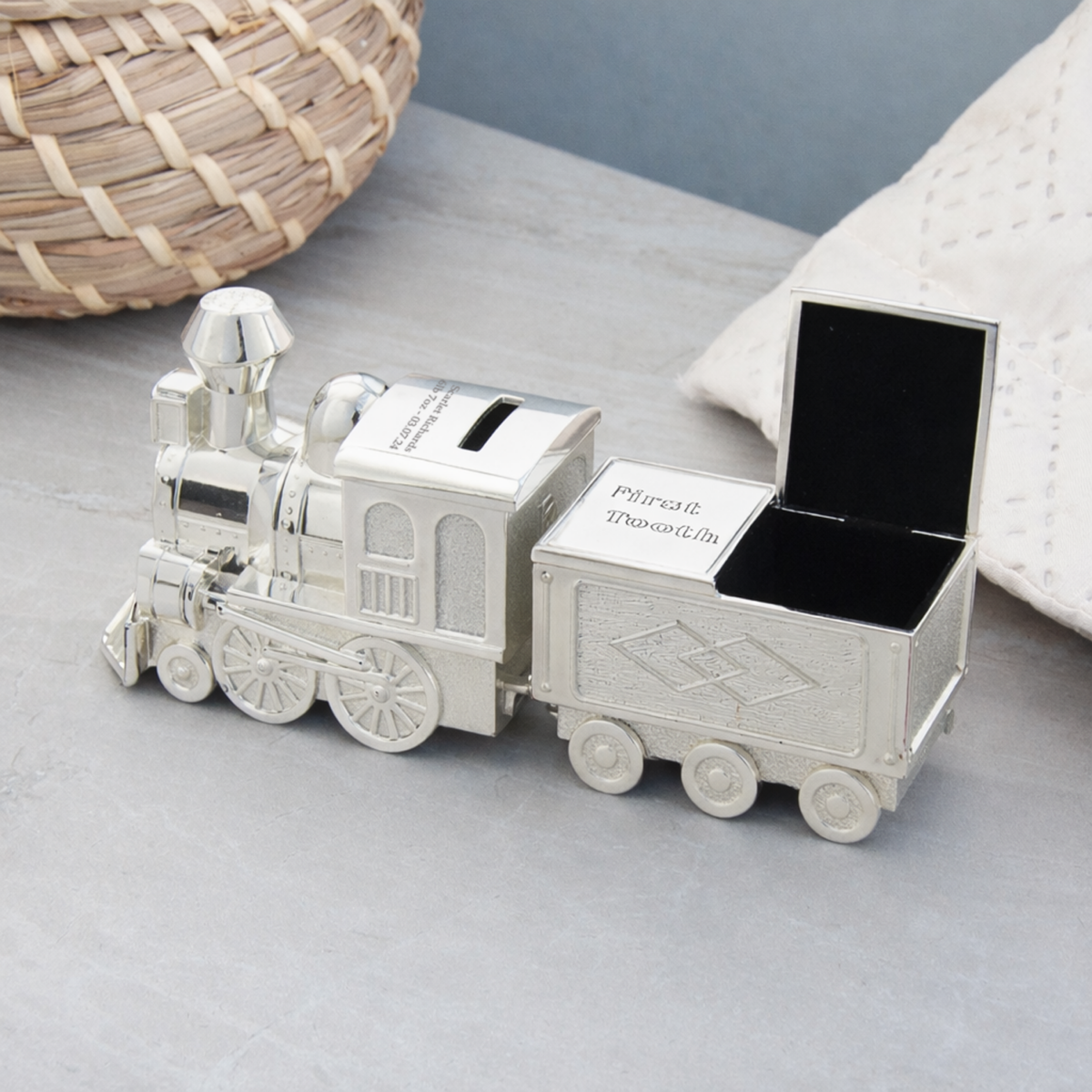 Personalised Train Money Box with First Tooth & Curl Carriage