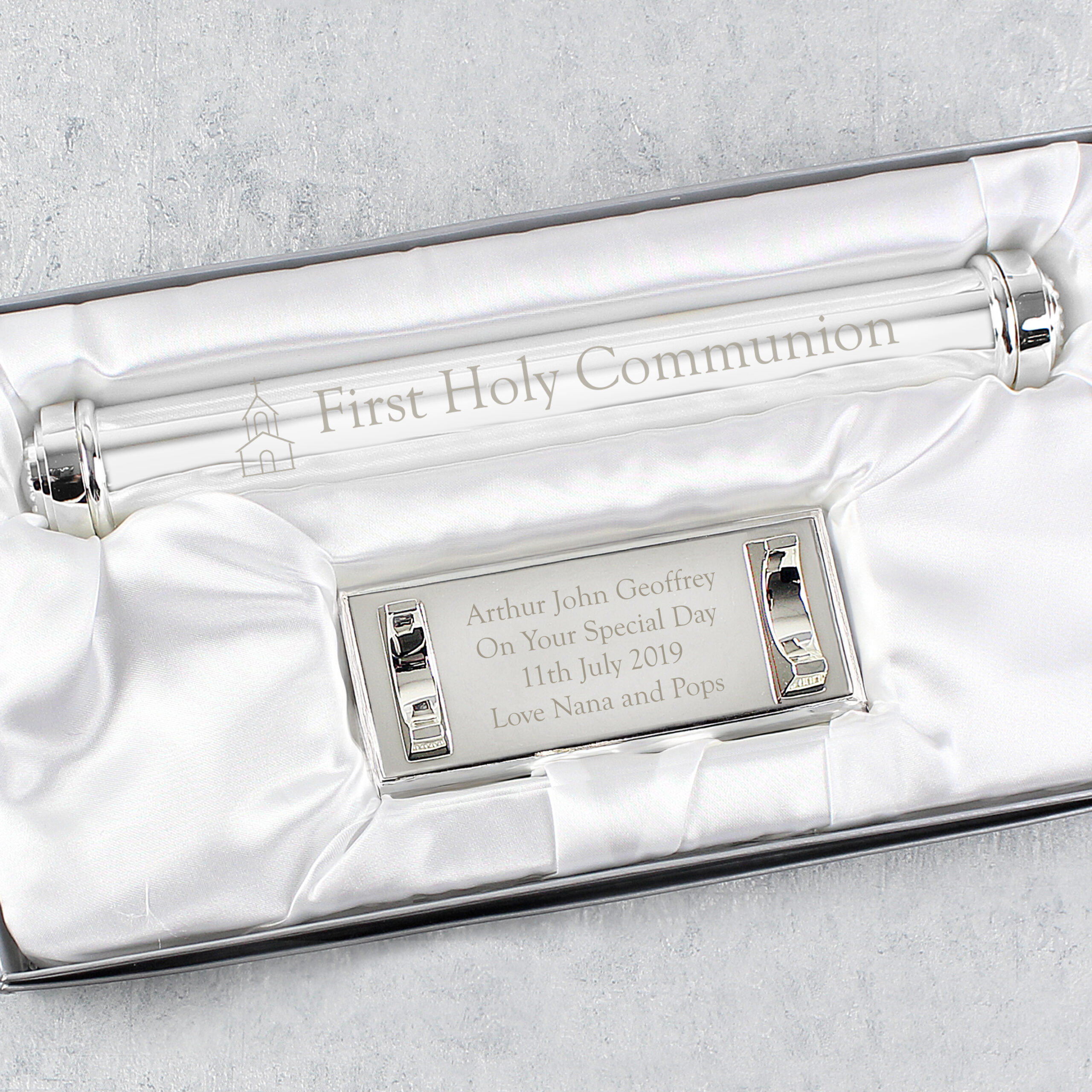 P0102V25_2 Personalised First Holy Communion Silver Plated Certificate Holder - Image 1