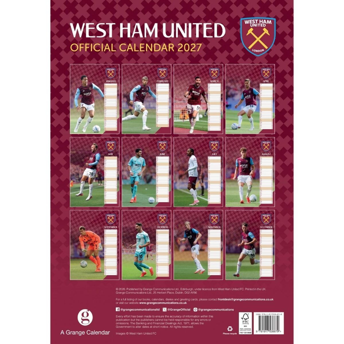 TM 08125 West Ham United FC A3 Calendar 2027